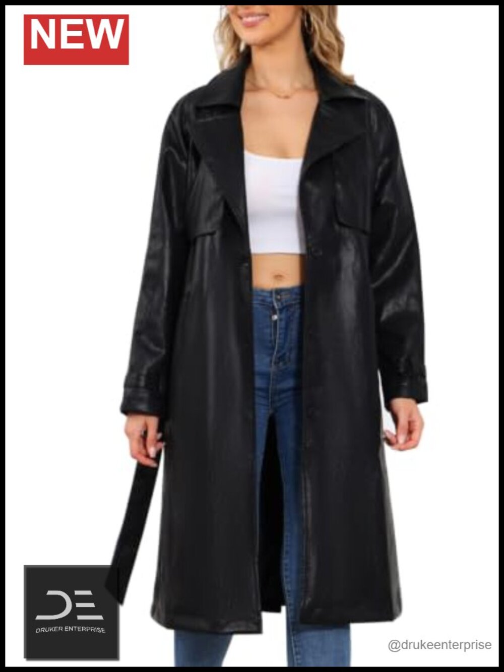 Faux Leather Trench Coat Mid-Long Belted Overcoat Lapel Collar Winter